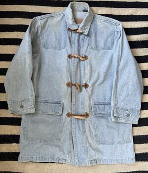 Vintage Womens Liz Wear Duffle Coat Clasp Denim Jacket 80s Light Acid Wash Sz M